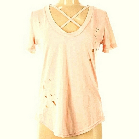 Shein V-Neckline Peachy Pink Criss Cross Ripped Curved Hem Tee Size XXL - Picture 1 of 6